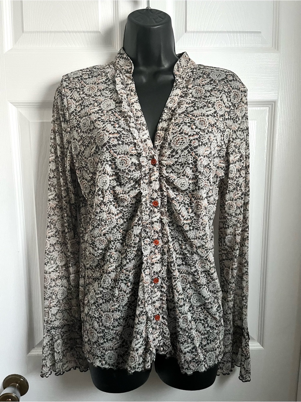 Vintage Mexx Y2K Blouse Top Sheer Mesh Floral Button Up Large XL Graphic Ruched